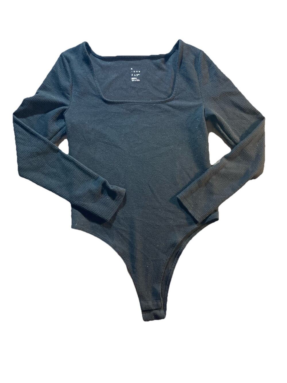 A New Day Womens Black Ribbed Square Knit Long Sleeve Bodysuit Size Medium